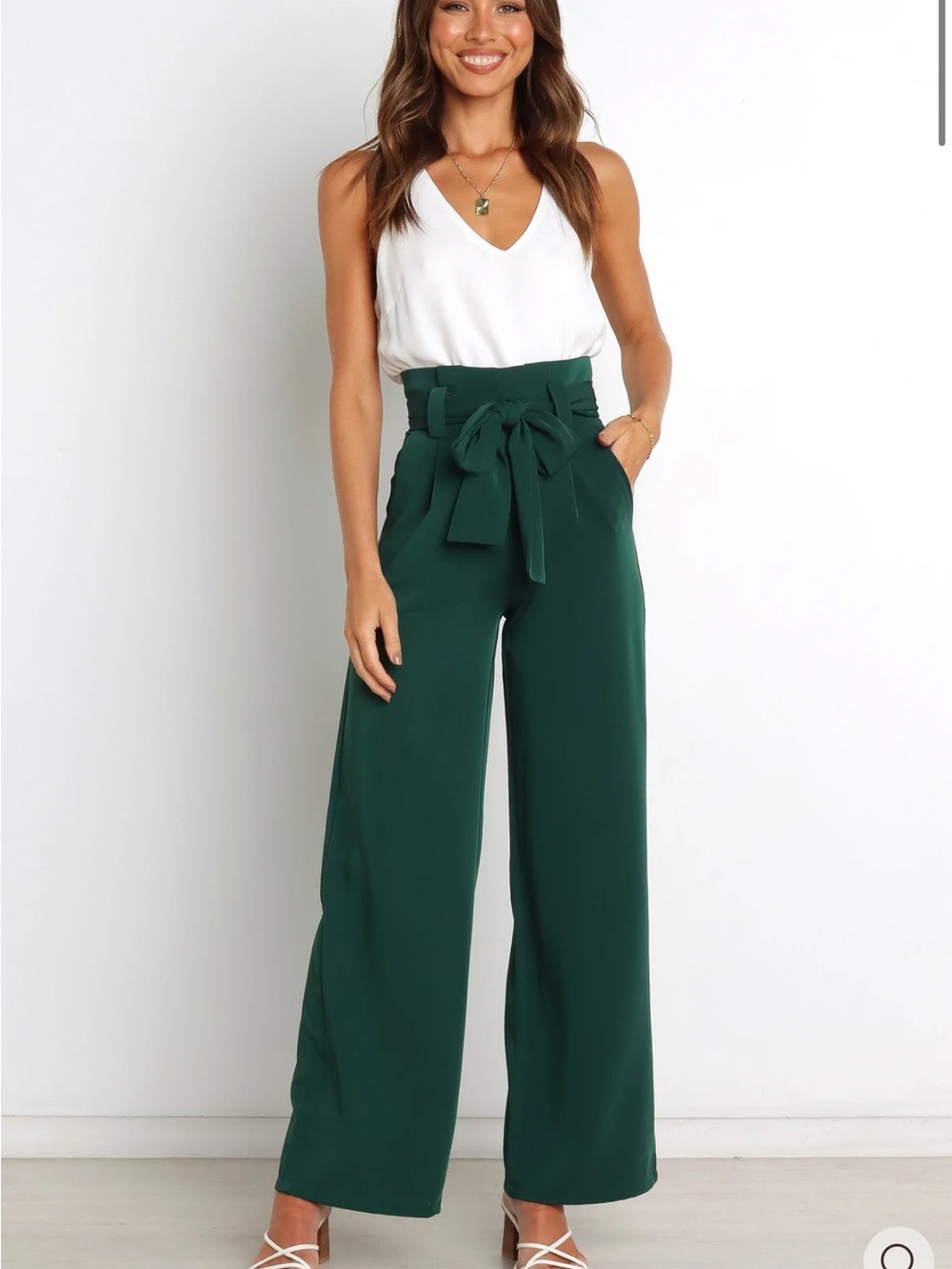 Petal & Pup Emerald Green High-Waist Paperbag Wide-Leg Pants